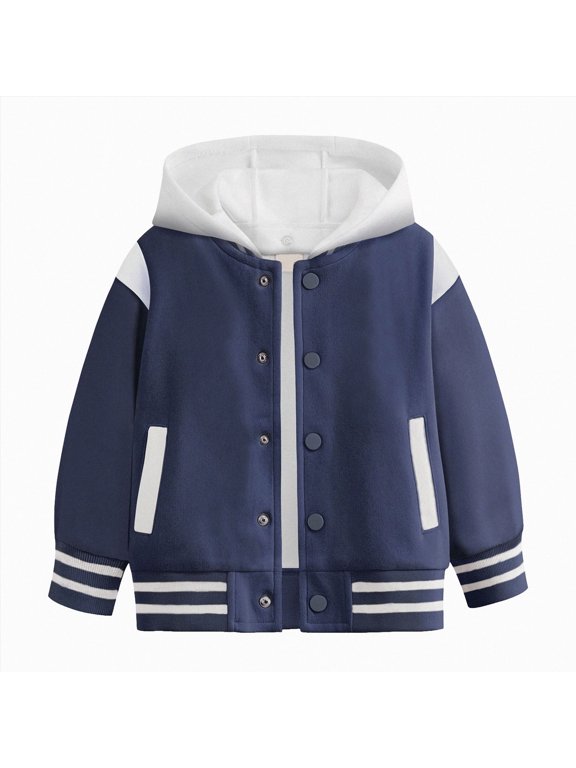 Boys Hoodies Fall Fashion Button Down Baseball Jacket Fall Winter Long Sleeve Stripe Print Jacket Coats for Back to School Dark Blue Size 4-5 Years