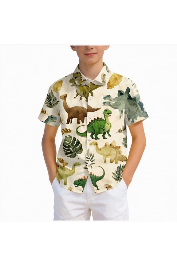 Boys Kids Shirt Short Sleeve Button Down T-Shirts Hawaiian Tropical Summer Beach Tee Camp Collar Tops with Pocket Size 7-8 Years,Green