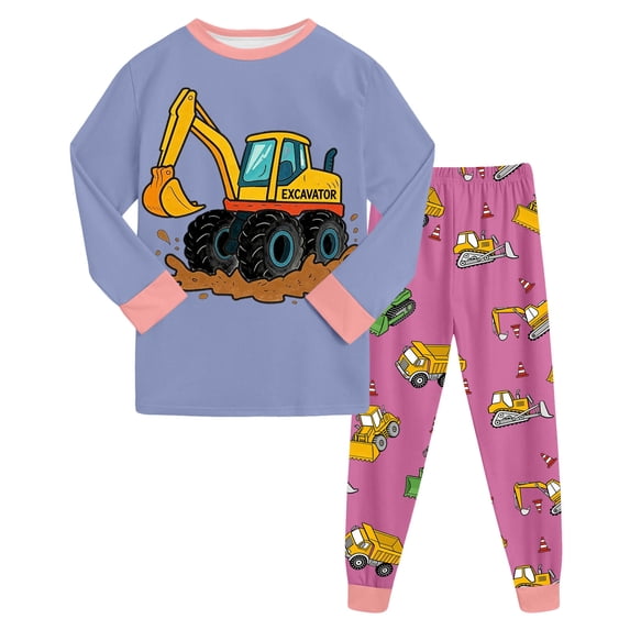 KPOPLK Boys Pajama Set Long Sleeve Lounge Clothes Set Soft Cotton Fall Winter Excavator Print Sleepwear Pjs Sets Purple Size 2-3 Years
