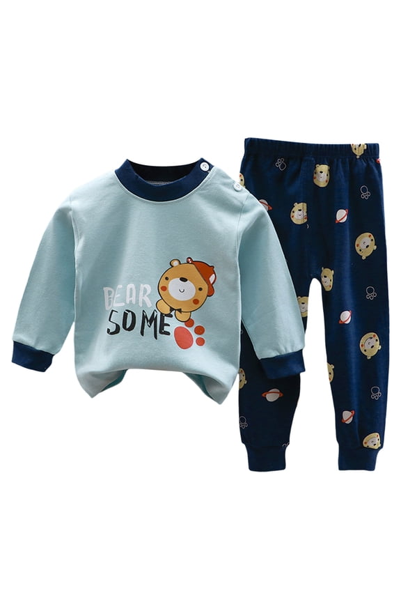 Boys Pajamas Clothes Toddler Boy Bear Print Long Sleeve Sleepwear 2 Piece Pjs 6M-6 Years Light Blue Size 1-2 Years