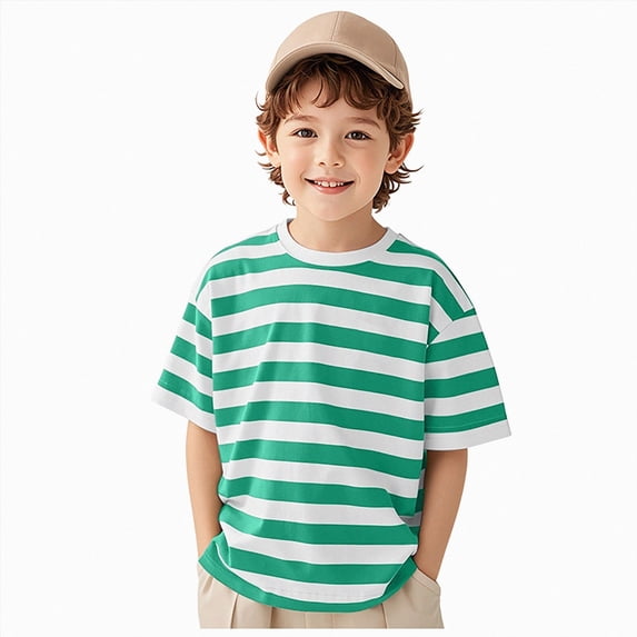KPOPLK Boys Shirts Short Sleeve T-Shirts Kids Basic Stripe Crew Neck Tops Casual Cotton Tees Clothes Size 7-8 Years,Light Green