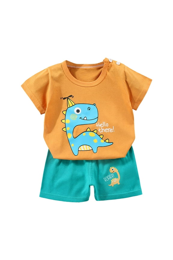 Boys Short Sleeved Shorts Suit Comfortable Breathable Fabric Fashionable Cute Cartoon Dinosaur Print Boy Suit carters child of mine baby boy(3-6 Months,Orange)