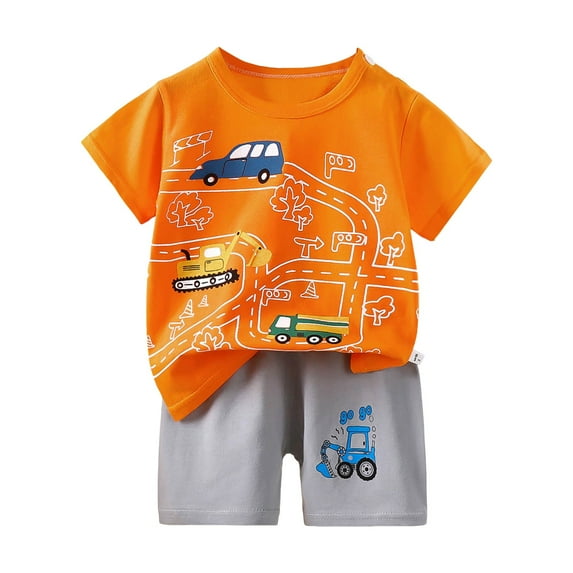 KPOPLK Boys Short Sleeved Shorts Suit Comfortable Breathable Fashion Casual Cartoon Children Short Sleeved Suit easy peasy short set(3-4 Years,Orange)