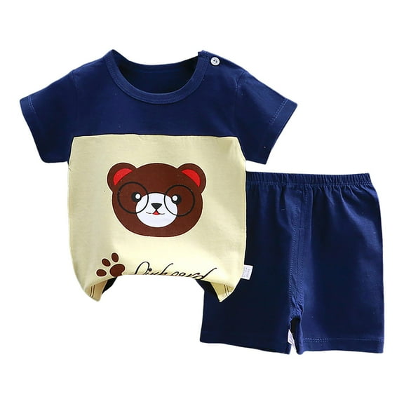 KPOPLK Boys Short Sleeved Shorts Suit Comfortable Soft Breathable Fashionable Cute Cartoon Print Children Suit 6 months boys clothes(3-6 Months,Navy)