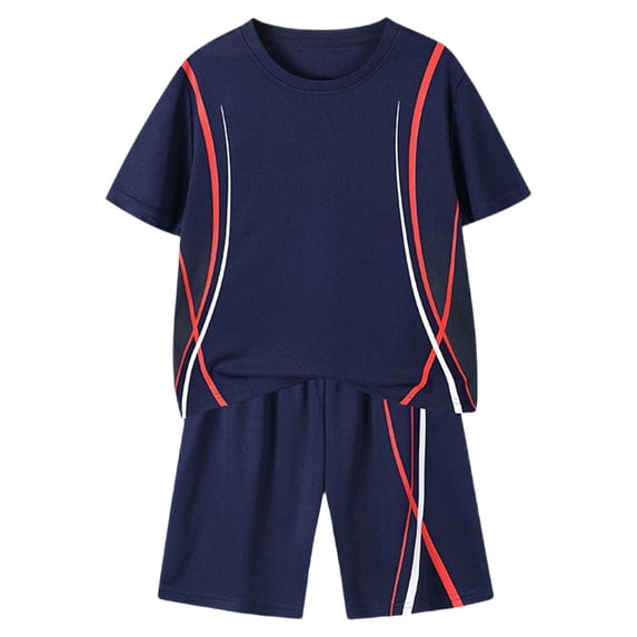 KPOPLK Boys Summer 2 Piece Outfits 2-14 Years Quick Dry Moisture Wicking Shirts and Stretch Shorts with Pockets Size 9-10 Years,Navy