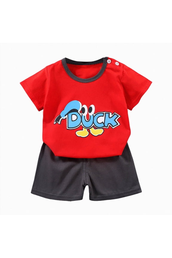 Boys Summer Clothing Set Short Sleeve Graphic Tee T-Shirt and Elastic Waist Shorts 2 Piece Outfits Set(6-12 Months,Red)