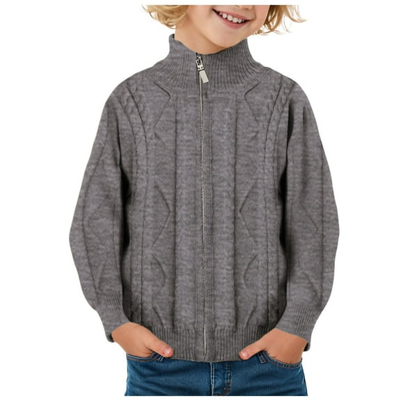 KPOPLK Boys Sweater Quarter Zip Pullover 100% Cotton Cable Knit Sweater Casual Long Sleeve Turtleneck for Kids(4-5 Years,R33-Dark Gray)