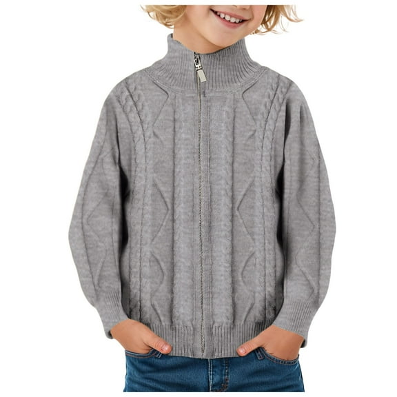 KPOPLK Boys Sweater Quarter Zip Pullover 100% Cotton Cable Knit Sweater Casual Long Sleeve Turtleneck for Kids(4-5 Years,R34-Light Gray)