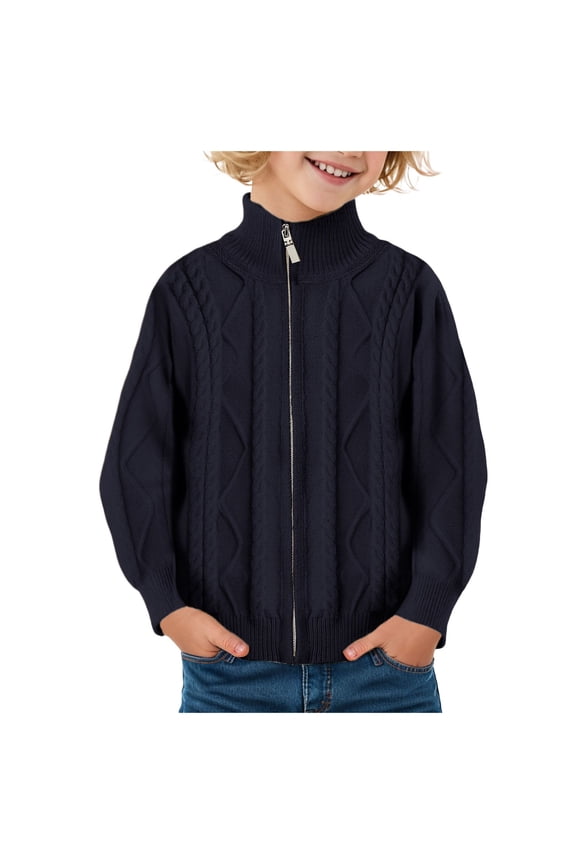 Boys Sweater Quarter Zip Pullover 100% Cotton Cable Knit Sweater Casual Long Sleeve Turtleneck for Kids(4-5 Years,R35-Navy)
