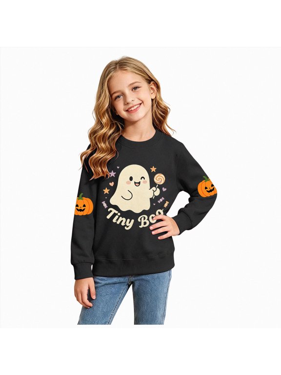 Boys and Girls Halloween Sweashirt Long Sleeve T-Shirt Ghost Printed Crewneck Pullover Tops(2-3 Years,Black)