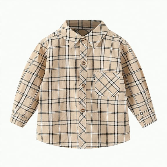 KPOPLK Children's Pure Cotton Shirt Boys' Checkered Shirt Baby Shirt Thin Jacket(10-12 Years,G53-Khaki)