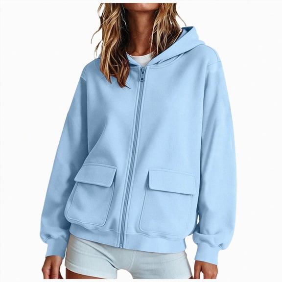 KPOPLK Drawstring Zip Up Hoodies for Women Fall Cute Jacket Oversized Casual Sweatshirts with Pocket(S,Light Blue)