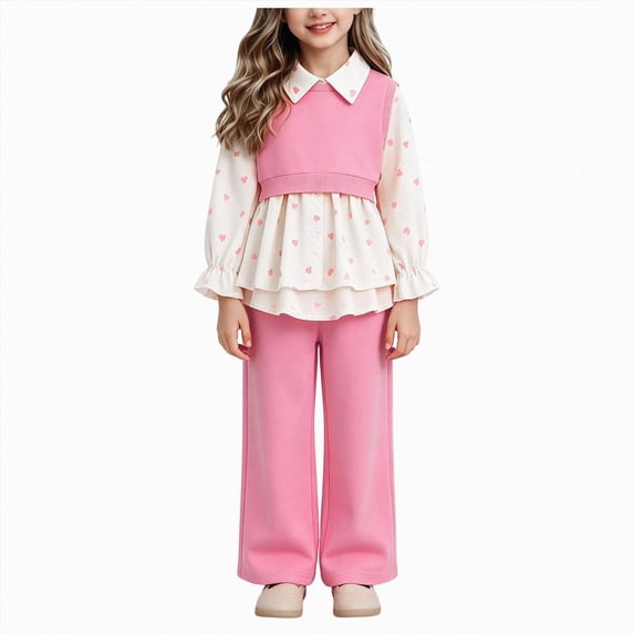 KPOPLK Fall Girls 3 Piece Outfit 3T 4T 5T 6T 7T Collar Long Sleeve Shirt Knit Vest and Straight Wide Leg Pants Fall Set,Size 5-6Years