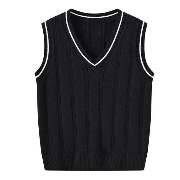KPOPLK Fall Unisex Sweater Vest Boy and Girl Cable Knit Cotton Vest Kids Uniform Vest for Little Big Childrens Teenage Size 7-8 Years,Black
