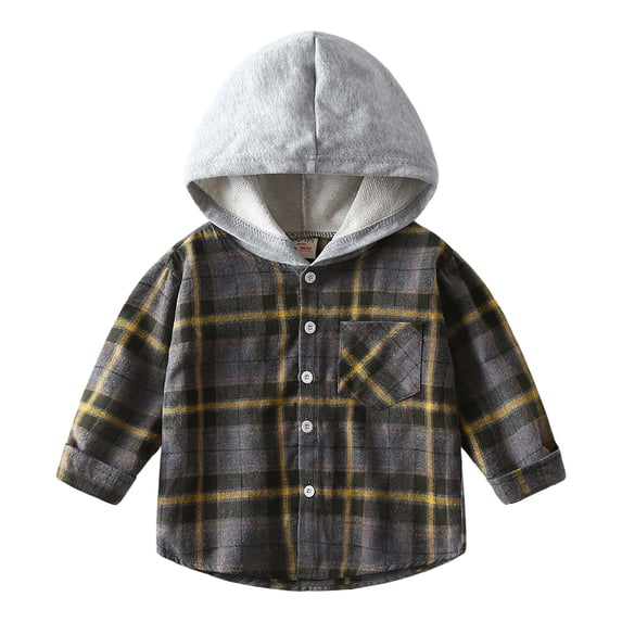 KPOPLK Flannel Shirts for Kids Boys (1-10), Button Down Plaid Shirts Casual Long Sleeve Hooded Jacket Grey,Size 12-18 Months