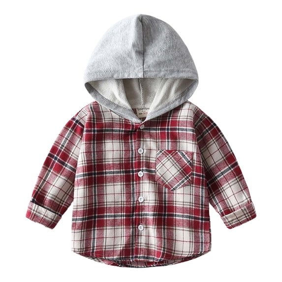KPOPLK Flannel Shirts for Kids Boys (1-10), Button Down Plaid Shirts Casual Long Sleeve Hooded Jacket Red,Size 18-24 Months