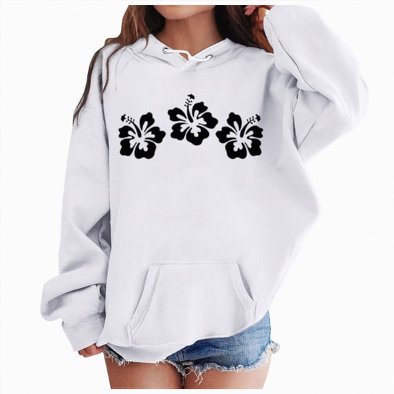 KPOPLK Floral Print Cute Hoodie for Teen Girls Hoodies Preppy Trendy Sweatshirt Casual Pullover Sweatshirts White,Size 8-10 Years