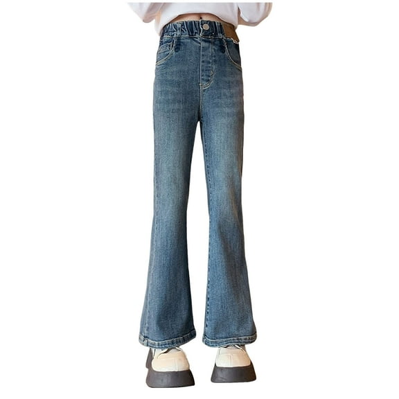 KPOPLK Girl Wide Leg Jeans Baggy Embroidery Letter Graphic Trousers High Elastic Waist Denim Pants Cute Y2K Trendy Streetwear(7-8 Years,Blue)