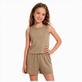 thumbnail image 1 of KPOPLK Girl's 2 Piece Outfits Summer Solid Color Linen Tank Top and Paperbag Waist Striped Shorts Set for 8 9 10 11 12Years(11 Years,Khaki), 1 of 7