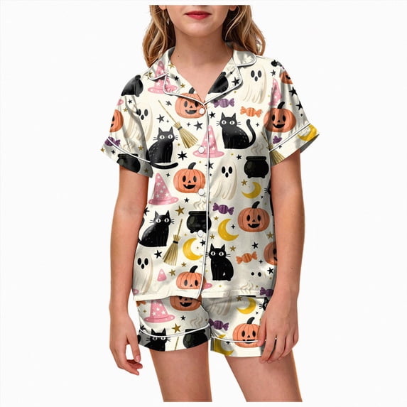 KPOPLK Girl's Halloween Pajamas Set Kids Girls Short Sleeve Button Down Shirt and Shorts Pjs 2Piece for 2-13Years,Size 8-9 Years