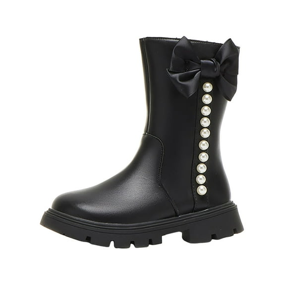 KPOPLK Girl's Waterproof Fashion Tie Lined Riding Boots Dress Princess Shoes Girls Leather Tall Winter Boots(12,F3-Black)