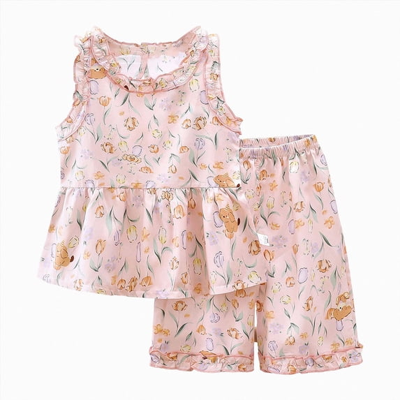 KPOPLK Girls 2 Piece Summer Outfit Sleeveless Dress Tank Top and Shorts Set, Toddler Little Girls Beach Clothes(3-4 Years,Pink)