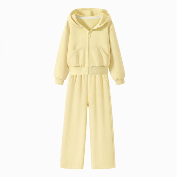 KPOPLK Girls 2 Piece Tracksuit Outfits 4-14 Years Long Sleeve Zip-Up Solid Color Hoodie & Wide Leg Pants Set Teen Girls Fashion Clothes,Size 14-16 Years