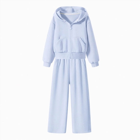 KPOPLK Girls 2 Piece Tracksuit Outfits 4-14 Years Long Sleeve Zip-Up Solid Color Hoodie & Wide Leg Pants Set Teen Girls Fashion Clothes,Size 14-16 Years