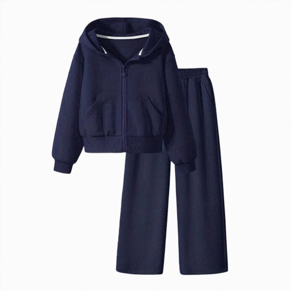 KPOPLK Girls 2 Piece Tracksuit Outfits 4-14 Years Long Sleeve Zip-Up Solid Color Hoodie & Wide Leg Pants Set Teen Girls Fashion Clothes,Size 8-9 Years