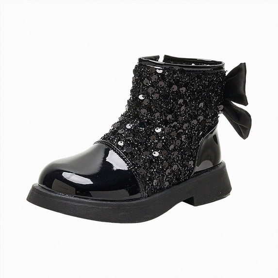 KPOPLK Girls Ankle Boots with Side Zipper & Lace Up – Stylish Comfort Shoes with Glitter for Toddlers Little Kids & Big Kids(11.5,Black)