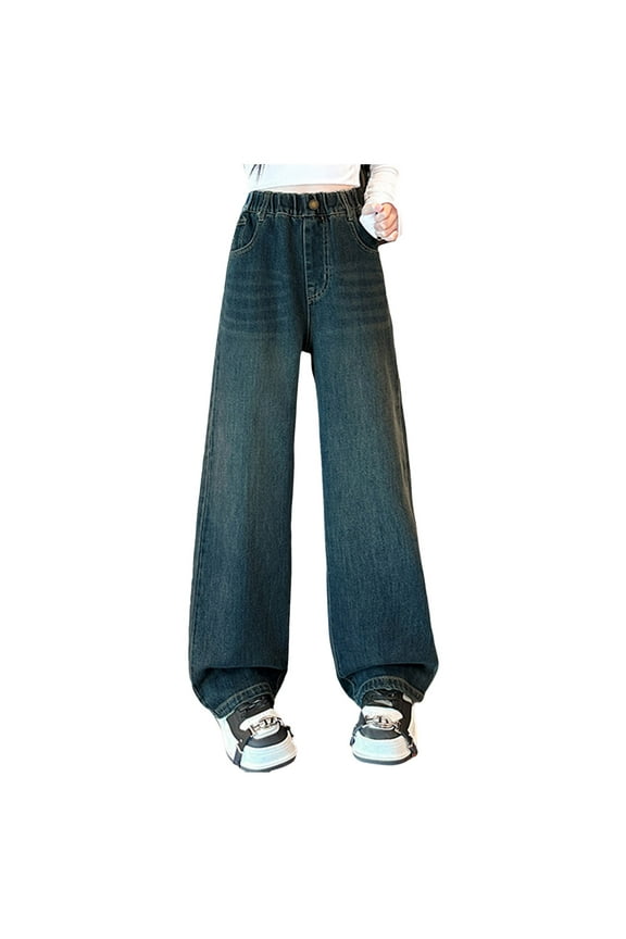 Girls Baggy Jeans Streetwear Denim Cargo Pants High Waist Casual Wide Leg Pants with Multi Pockets(5-6 Years,Dark Blue)