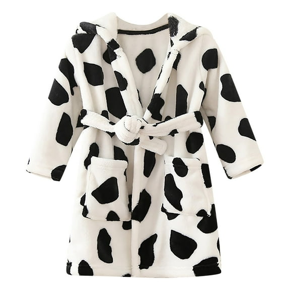 KPOPLK Girls Bathrobes Kids Long Hooded Robes Plush Full Length Coral Fleece Pajamas Sleepwear(100,W1-Black)