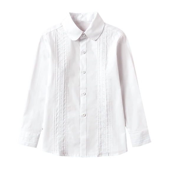 KPOPLK Girls Button Down Shirt Long Sleeve Ruffle Collar Blouse for School Uniform 2-18 Years Size 5-6 Years,White