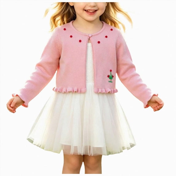KPOPLK Girls Cardigan Sweater Toddler Button Down Knit Dress Cover Up Long Sleeve Ruffle Cardigan with Scalloped Hem Pink Size 1-2 Years