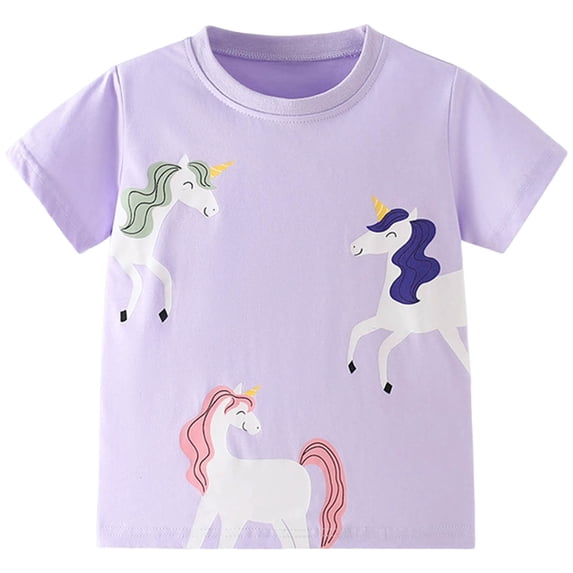 KPOPLK Girls Casual T Shirts Crewneck Top Short Sleeve Summer Shirt Loose Fit Striped Tee for Kids 1-12Y Size 4-5 Years,Purple