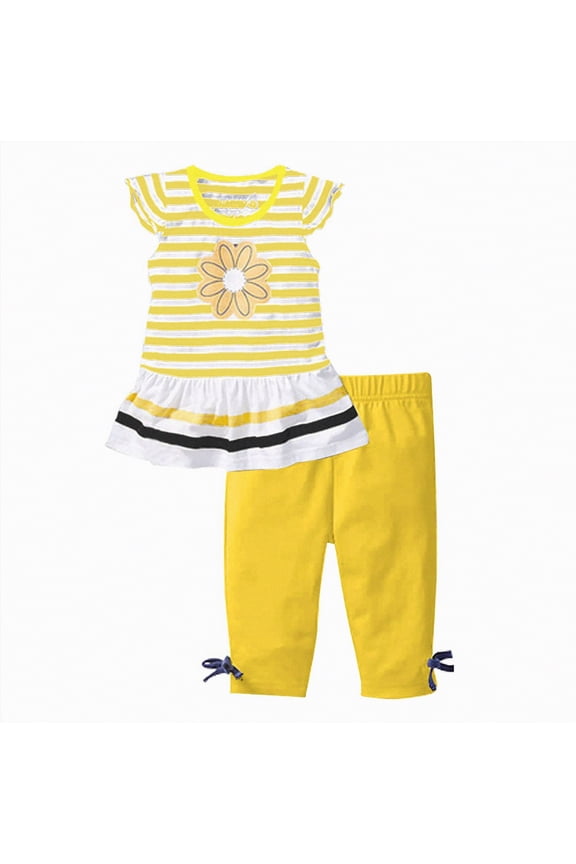 Girls Clothes Ruched Drawstring Short Sleeve Knit Top and Print Pants 2 Piece Girls Outfits Size 4-5 Years,Yellow