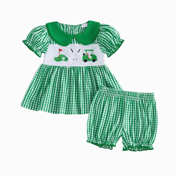 KPOPLK Girls Clothing Sets Baby Girls Summer Outfits Set Gingham Short Sleeve Top with Shorts for 1-5 Years(12-18M,Green)