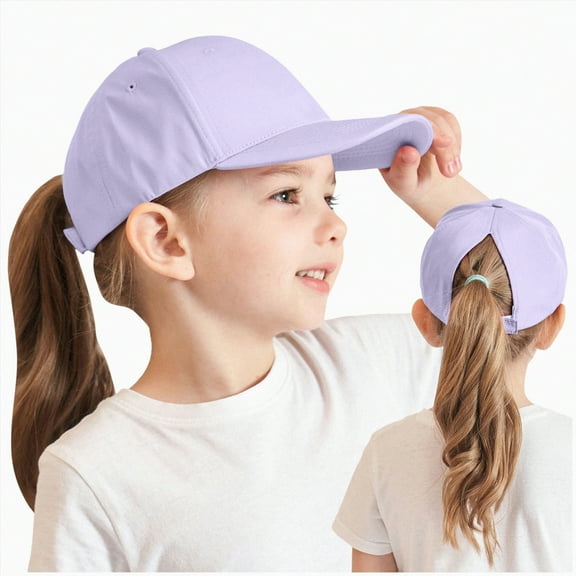 KPOPLK Girls Glitter Baseball Cap Kids Adjustable Ponytail Hat Toddler Summer Mesh Trucker Hats(2-8 Years,Purple)