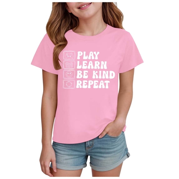 KPOPLK Girls Graphic Shirts Short Sleeve Summer T Shirts Fashion Cotton Kids Clothes Tops 3-12 Years Size 9-10 Years,Blue