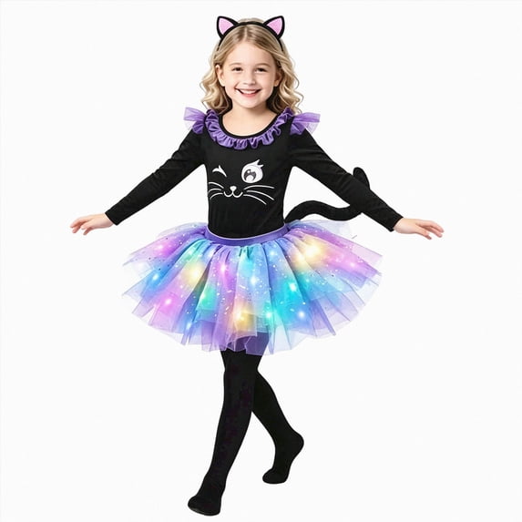 KPOPLK Girls Halloween Cat Print Ghost Costume Set Long Sleeve Top + LED Tutu Skirt + Headband + Tail 4 Piece Party Outfit,Size 5-6 Years