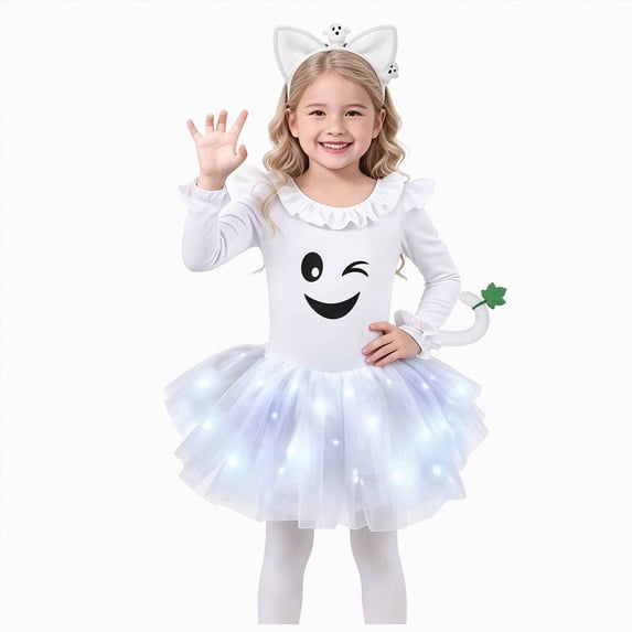KPOPLK Girls Halloween Cat Print Ghost Costume Set Long Sleeve Top + LED Tutu Skirt + Headband + Tail 4 Piece Party Outfit,Size 7-9 Years
