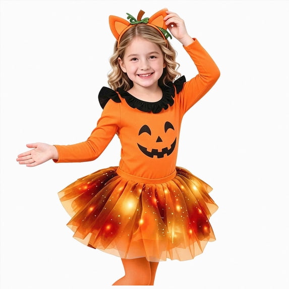 KPOPLK Girls Halloween Pumpkin Cat Costume Set Long Sleeve Leotard + LED Tutu Skirt + Headband + Tail 4 Piece Party Outfit,Size 10-12 Years