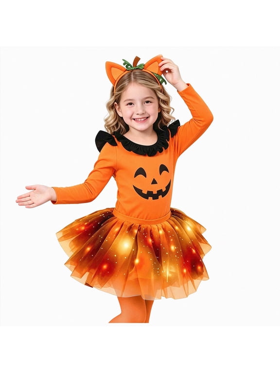 Girls Halloween Pumpkin Cat Costume Set Long Sleeve Leotard + LED Tutu Skirt + Headband + Tail 4 Piece Party Outfit,Size 7-9 Years