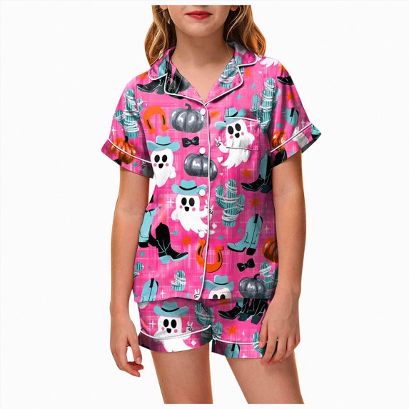 KPOPLK Girls Halloween Sleepwear Set 2-13Y 2Pcs Pumpkin Print Short Sleeve Button Down Shirt with Shorts Jammies,Size 8-9 Years