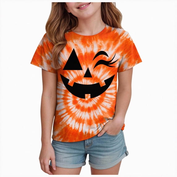 KPOPLK Girls Halloween T Shirt Cute Tie Dye Graphic Short Sleeve Crew Neck Kids Fall Party Top Size 6-7 Years,Orange
