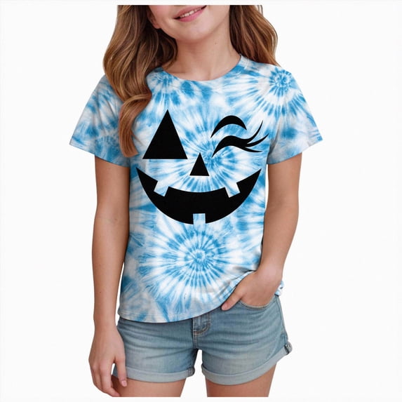 KPOPLK Girls Halloween T Shirt Cute Tie Dye Graphic Short Sleeve Crew Neck Kids Fall Party Top Size 8-9 Years,Blue