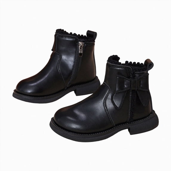 KPOPLK Girls Kids Lug Sole Ankle Boots Side Zip Chunky Low Heel Slip On Winter Casual Booties Shoes(3.5,Black)