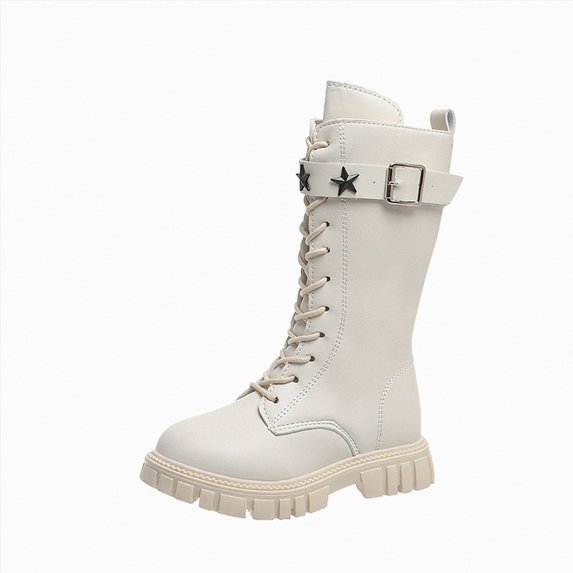 KPOPLK Girls Knee High Combat Boots Buckle Strap Lace Up Non-Slip Boots Lug Sole Knight Boots for Teen Girls(13.5,White)
