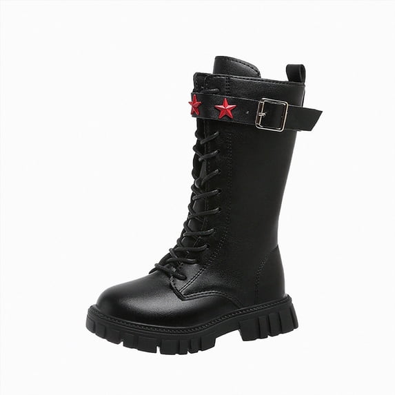 KPOPLK Girls Knee High Combat Boots Buckle Strap Lace Up Non-Slip Boots Lug Sole Knight Boots for Teen Girls(3,Black)