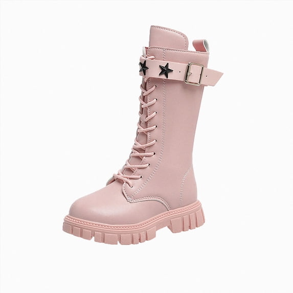 KPOPLK Girls Knee High Combat Boots Buckle Strap Lace Up Non-Slip Boots Lug Sole Knight Boots for Teen Girls(3,Pink)